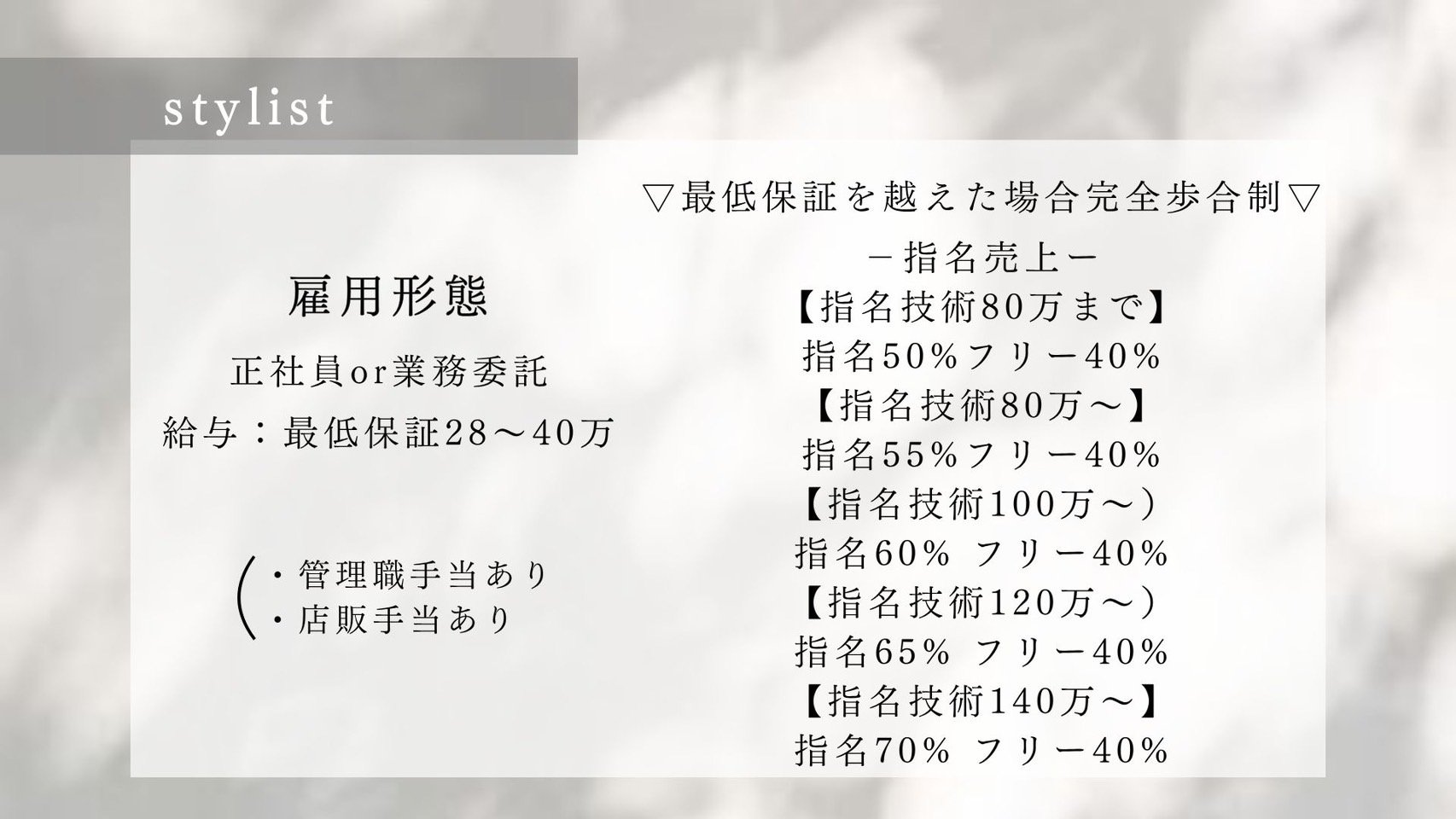 【谷町九丁目】≪完全週休2日制≫≪20時までに退勤可能≫≪平均客単価15000円≫≪マンツーマンでの入客≫カットカラーは2～2.5時間枠でゆとりがあるため一人一人のお客様との時間を大切にしていけますよ！週休4日や週休3日での勤務も可能！髪質改善特化サロンなので髪質改善に興味のある方にもオススメ！「Linoa（リノア）」からスタイリスト（美容師）の求人☆★