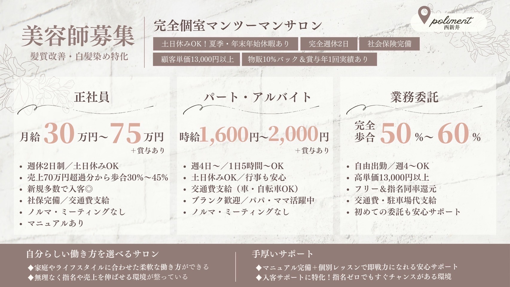 【西新井】≪マンツーマン施術≫≪完全個室≫≪平均単価1万円超え≫ライフワークバランス重視の方にオススメ!仕事もプライベートも充実できる人気サロン!「poliment(ポリマン)」からスタイリスト(美容師)の求人☆★