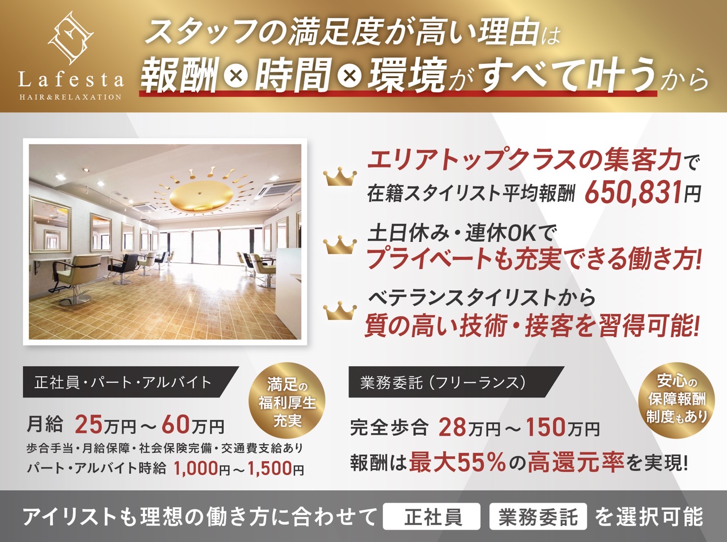 【JR和歌山駅前】≪月収100万円の実績あり≫高還元・高品質・高単価な人気ヘアサロン！完全マンツーマン接客・口コミ高評価サロン！≪指名50％〜55%／フリー40％〜43%還元≫≪保障報酬制度あり≫≪正社員・パート・アルバイトも募集OK≫仕事とプライベートの充実が可能なサロンです！「Lafesta HAIR 和歌山駅前店（ラフェスタヘアーワカヤマエキマエテン）」からスタイリスト（美容師）の求人★☆