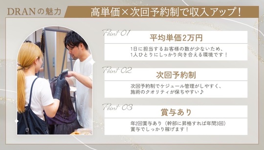 【森ノ宮】≪完全週休2日制≫≪有給あり土日祝日取得OK≫≪1日平均担当人数3人指名売り上げ100万≫平均単価2万円×次回予約93％で作る新しい美容師の働き方「DRAN（ドラン）」からスタイリスト（美容師）の求人☆★☆