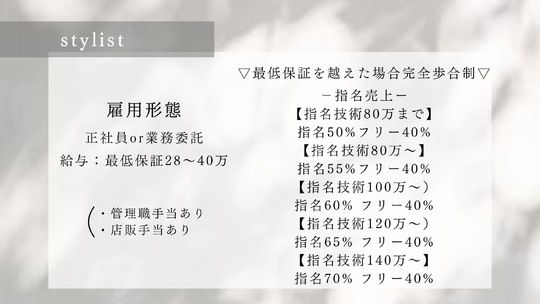 【谷町九丁目】≪完全週休2日制≫≪20時までに退勤可能≫≪平均客単価15000円≫≪マンツーマンでの入客≫カットカラーは2～2.5時間枠でゆとりがあるため一人一人のお客様との時間を大切にしていけますよ！週休4日や週休3日での勤務も可能！髪質改善特化サロンなので髪質改善に興味のある方にもオススメ！「Linoa（リノア）」からスタイリスト（美容師）の求人☆★